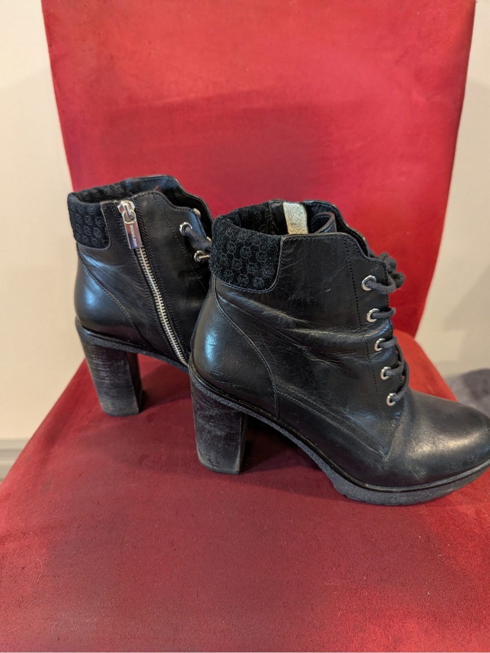 Michael Kors Black Leather Lace-Up Ankle Boots with Block Heel